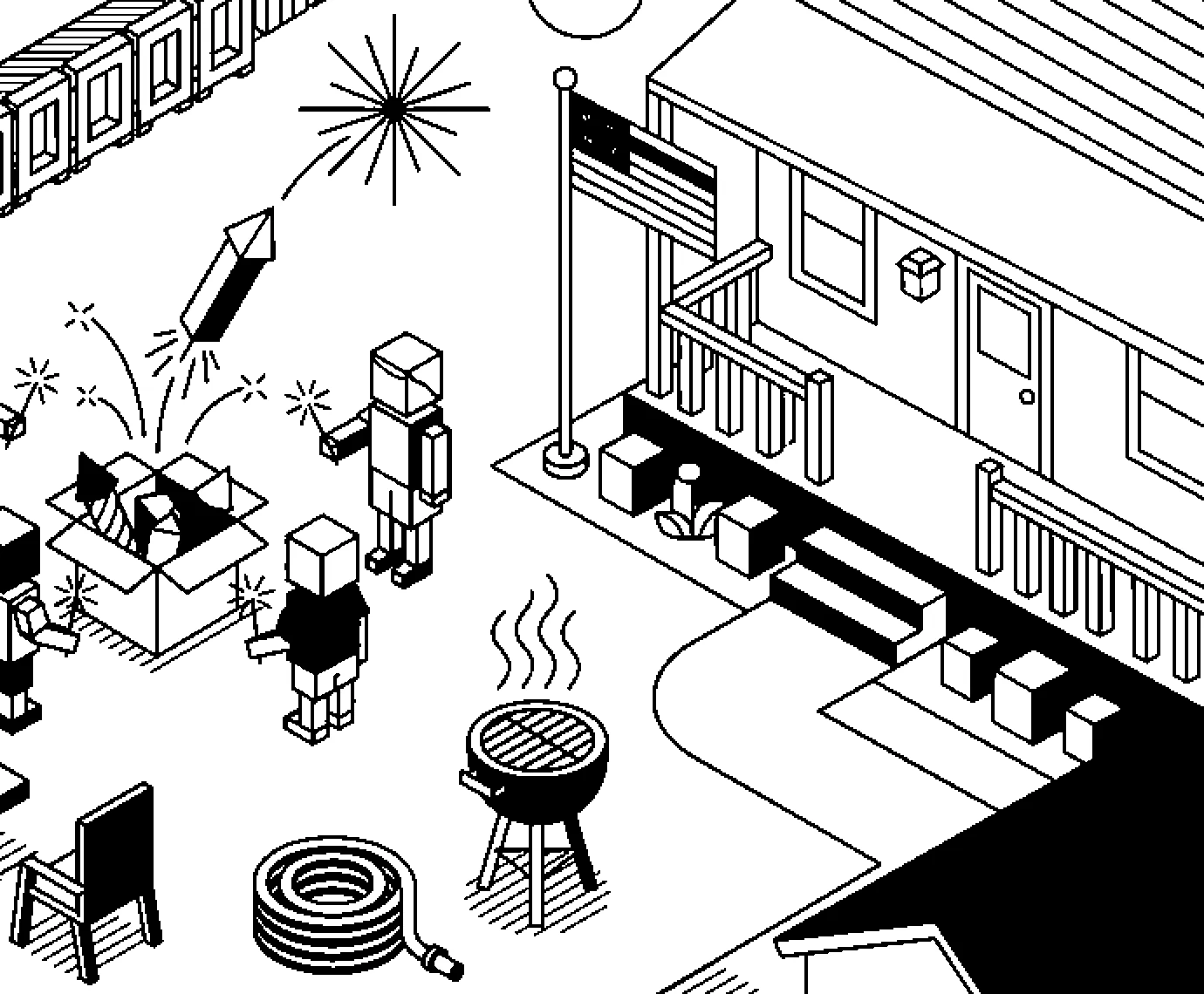 Line illustration of a backyard party: children with sparklers around an open box of fireworks, a rocket mid-launch, a barbecue and a flag
