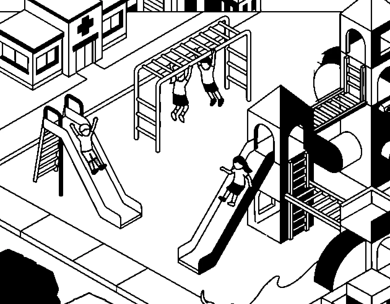 Line illustration of a playground: children on slides and monkey bars beside a small clinic